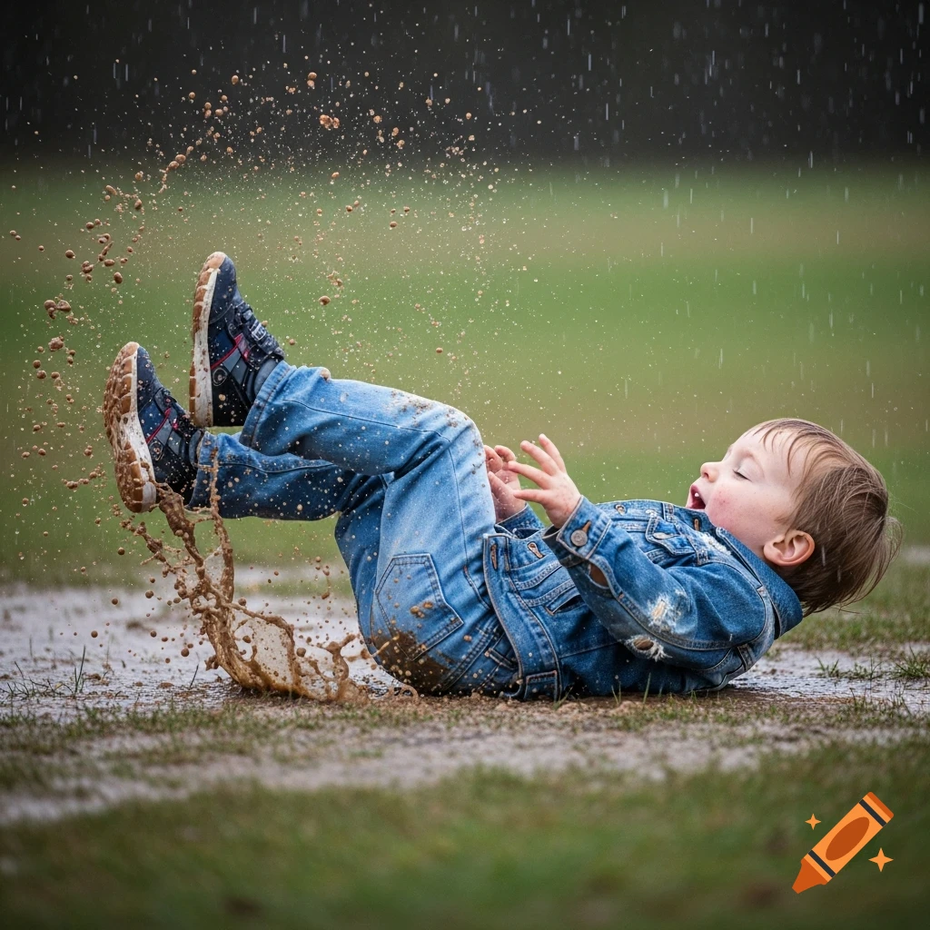 A child in a denim outfit falls backward into a muddy puddle, splashing mud high into the air.