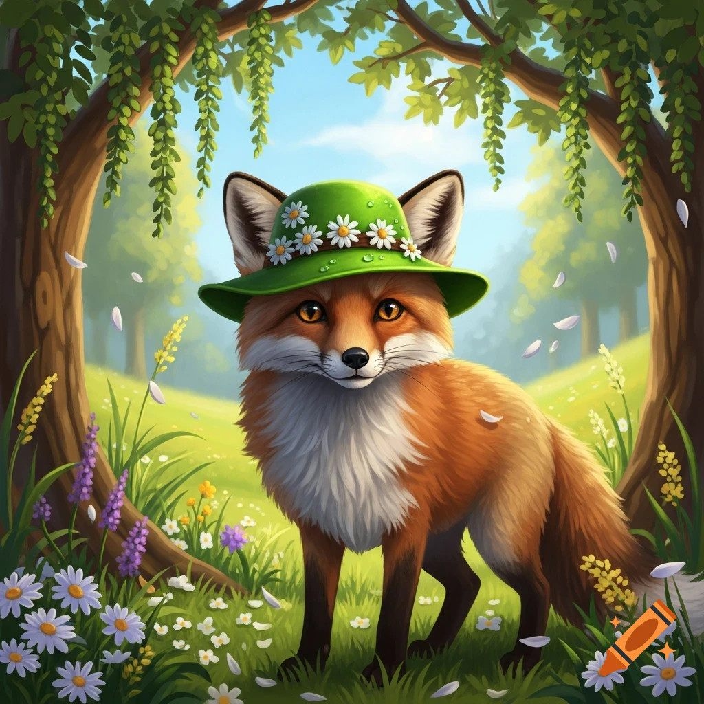 A cute illustrated red fox wearing a green daisy hat stands in a sunny ...
