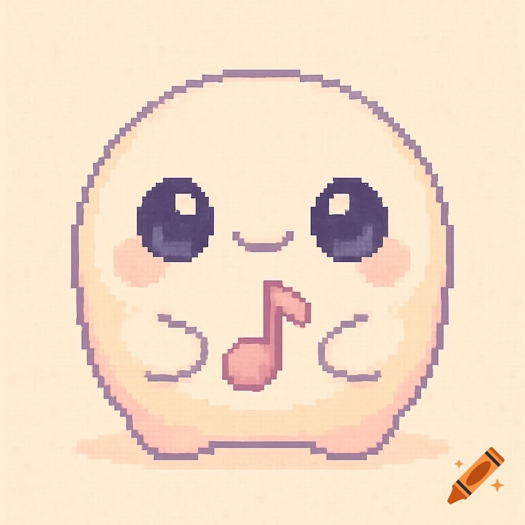 Cute pastel pixel art creature with a happy face and rosy cheeks, holding a pink musical note.