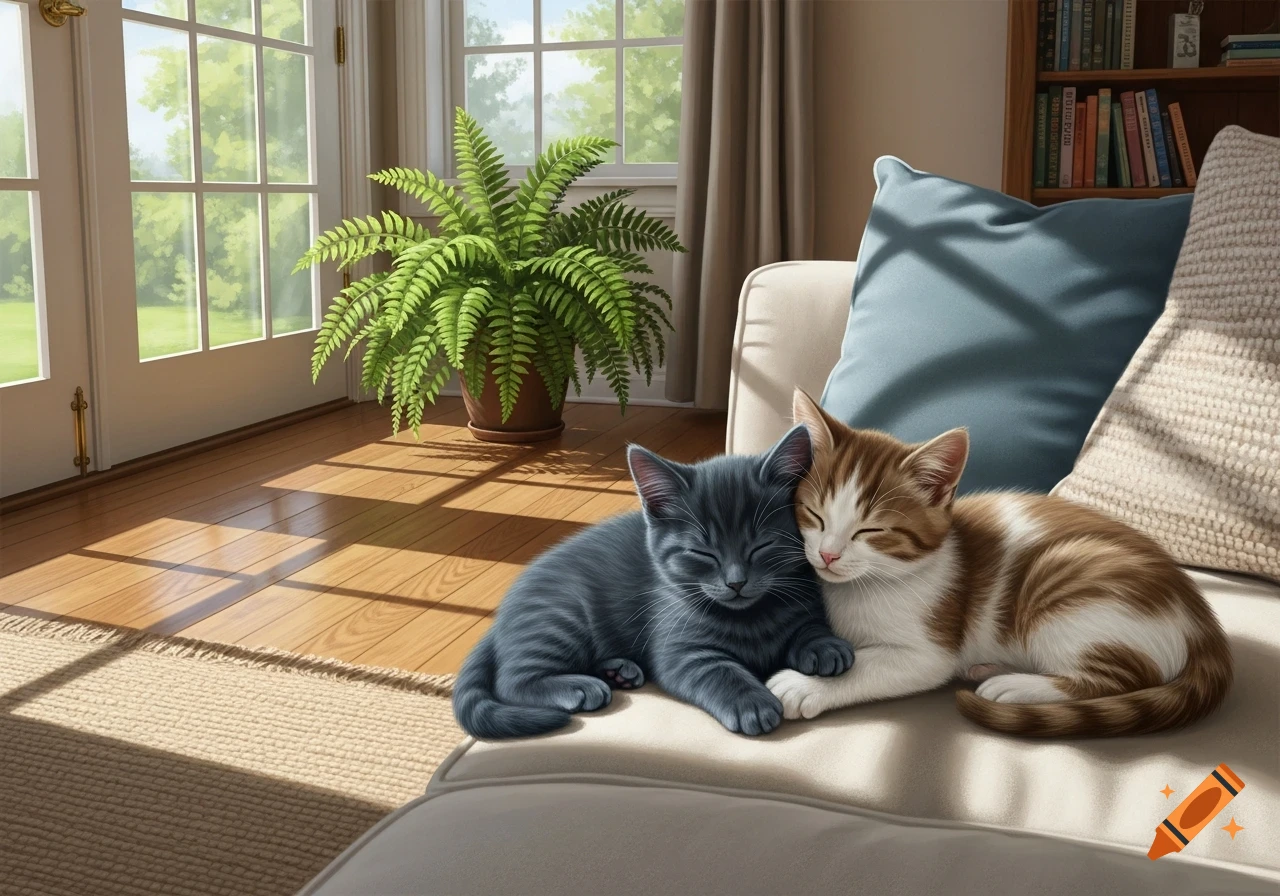 Two realistic kittens cuddled together on a light-colored sofa in a bright, sunlit living room.