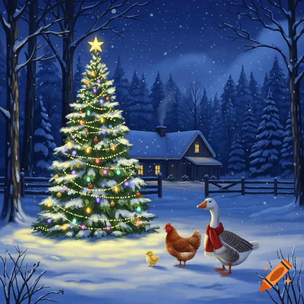 A festive winter night scene with a decorated Christmas tree, a farmhouse, a goose with a scarf, a hen, and a chick in the snow.
