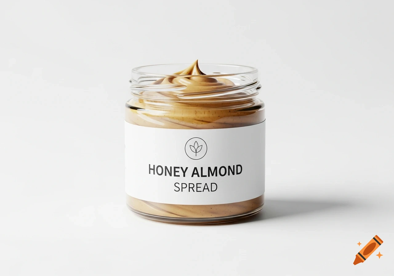 A clear glass jar of creamy honey almond spread with a white label featuring a leaf logo and "HONEY ALMOND SPREAD" text, on a white background.