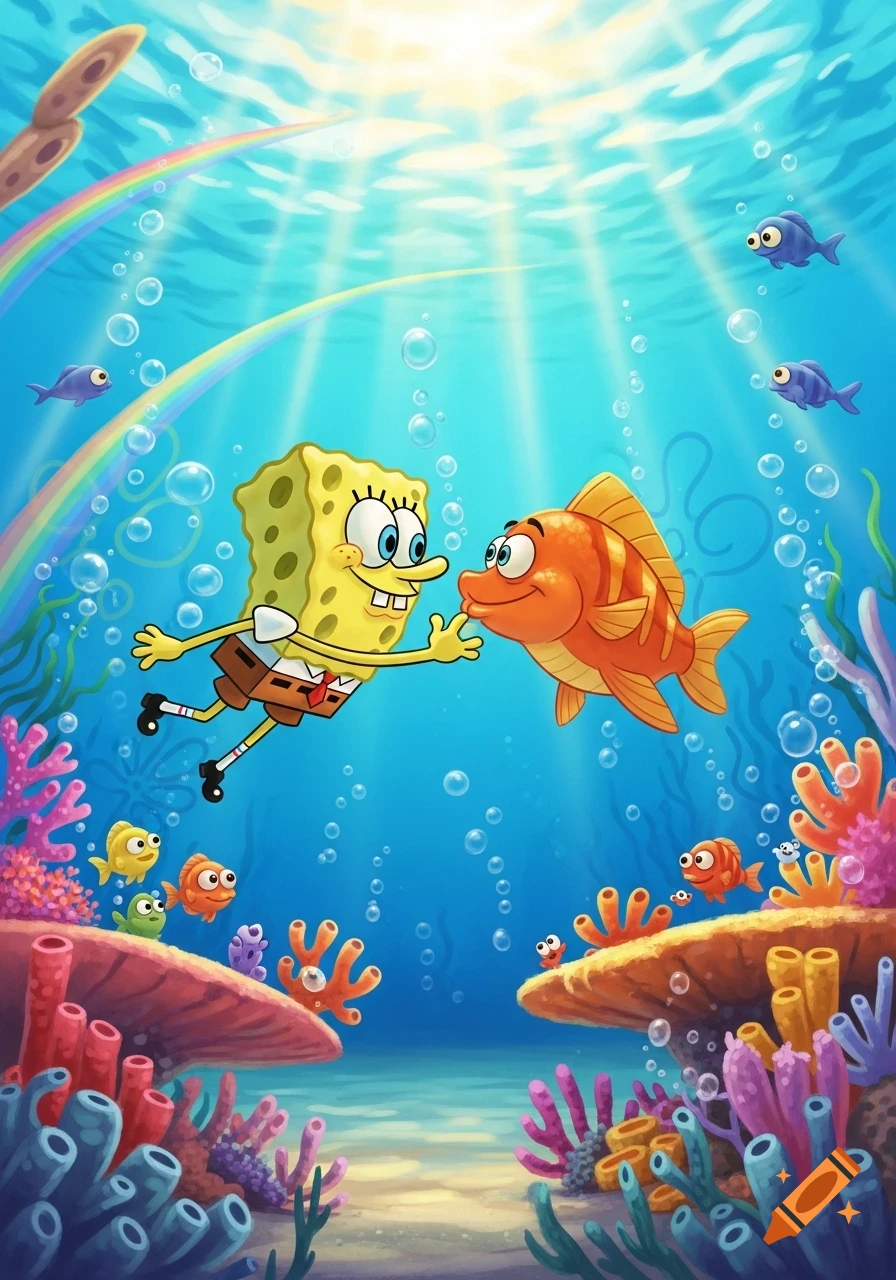 SpongeBob and an orange fish touching noses underwater amidst coral, bubbles, and a rainbow, in a cartoon style.