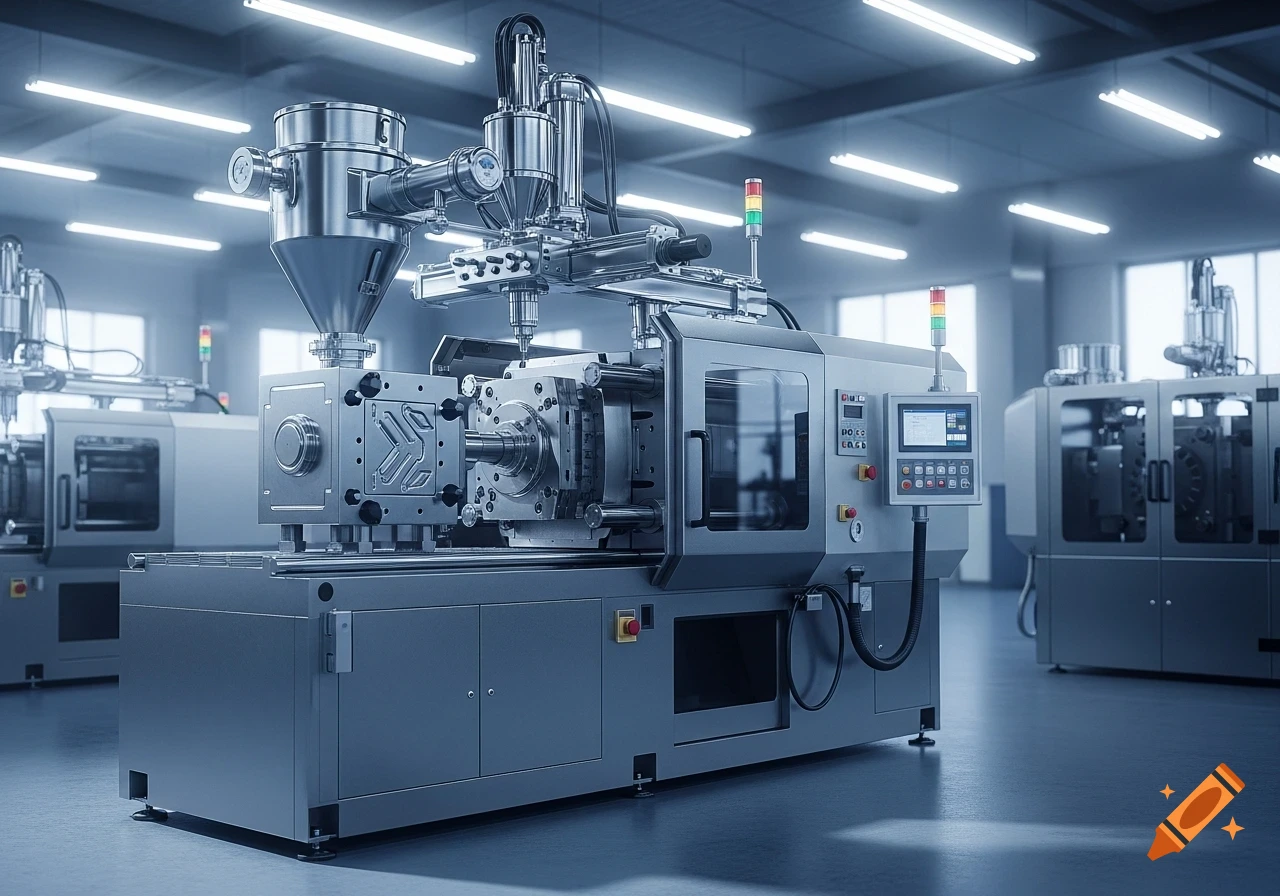 Photorealistic image of a large industrial plastic injection molding machine with a hopper and mold in a factory.