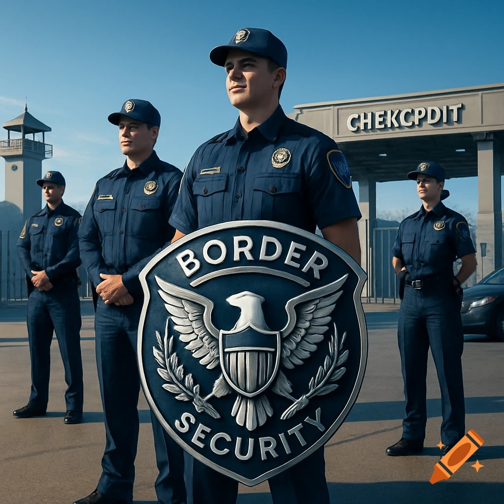 Four male border security officers in dark blue uniforms stand outdoors, one holding a large 'BORDER SECURITY' shield.