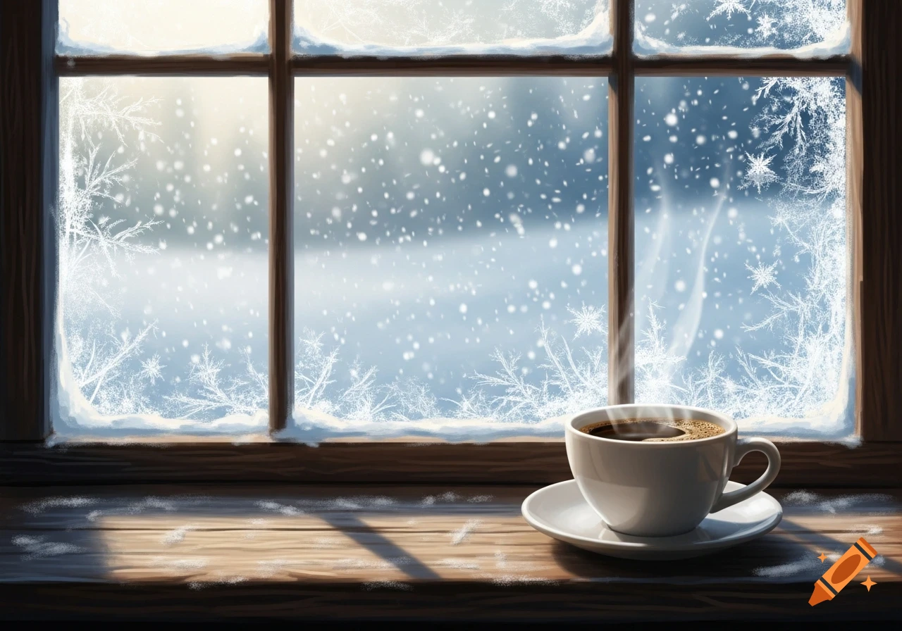 A steaming cup of coffee on a wooden windowsill, looking out onto a snowy landscape with frosted windowpanes.