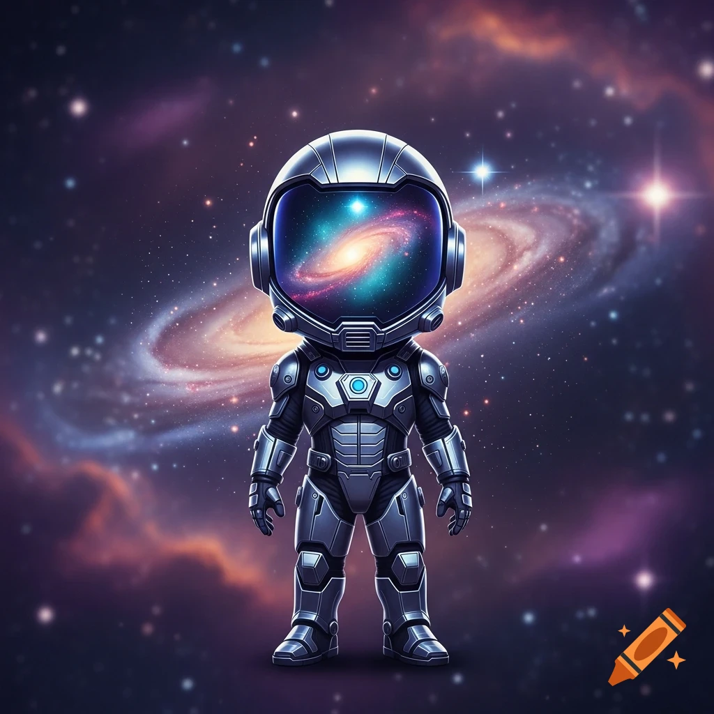 A small, cute character in a shiny metallic spacesuit stands in deep space, with a vibrant galaxy reflected in its helmet visor. Stylized digital art.