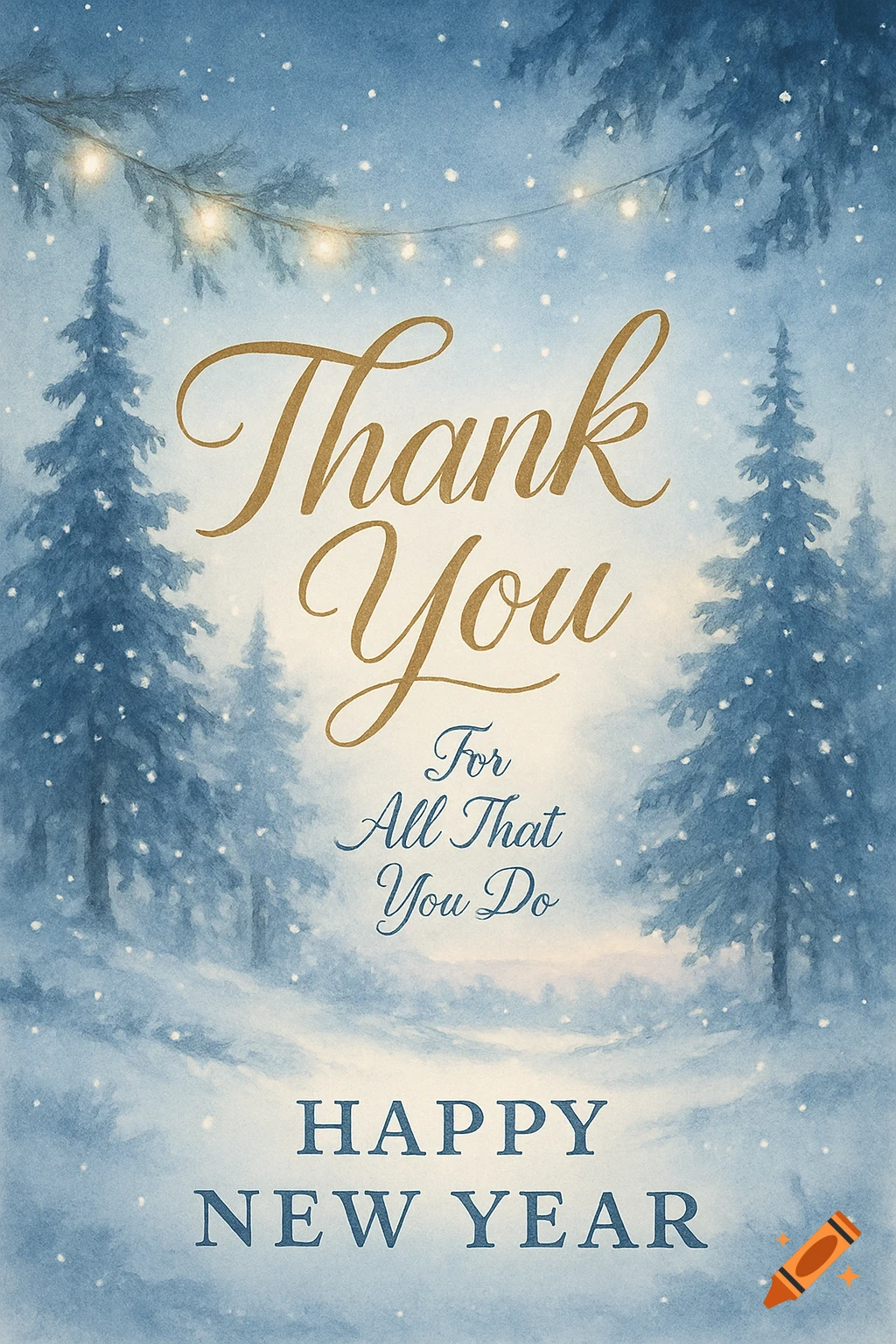 Watercolor illustration of a snowy winter forest with pine trees and string lights, bearing the message 'Thank You For All That You Do HAPPY NEW YEAR'.