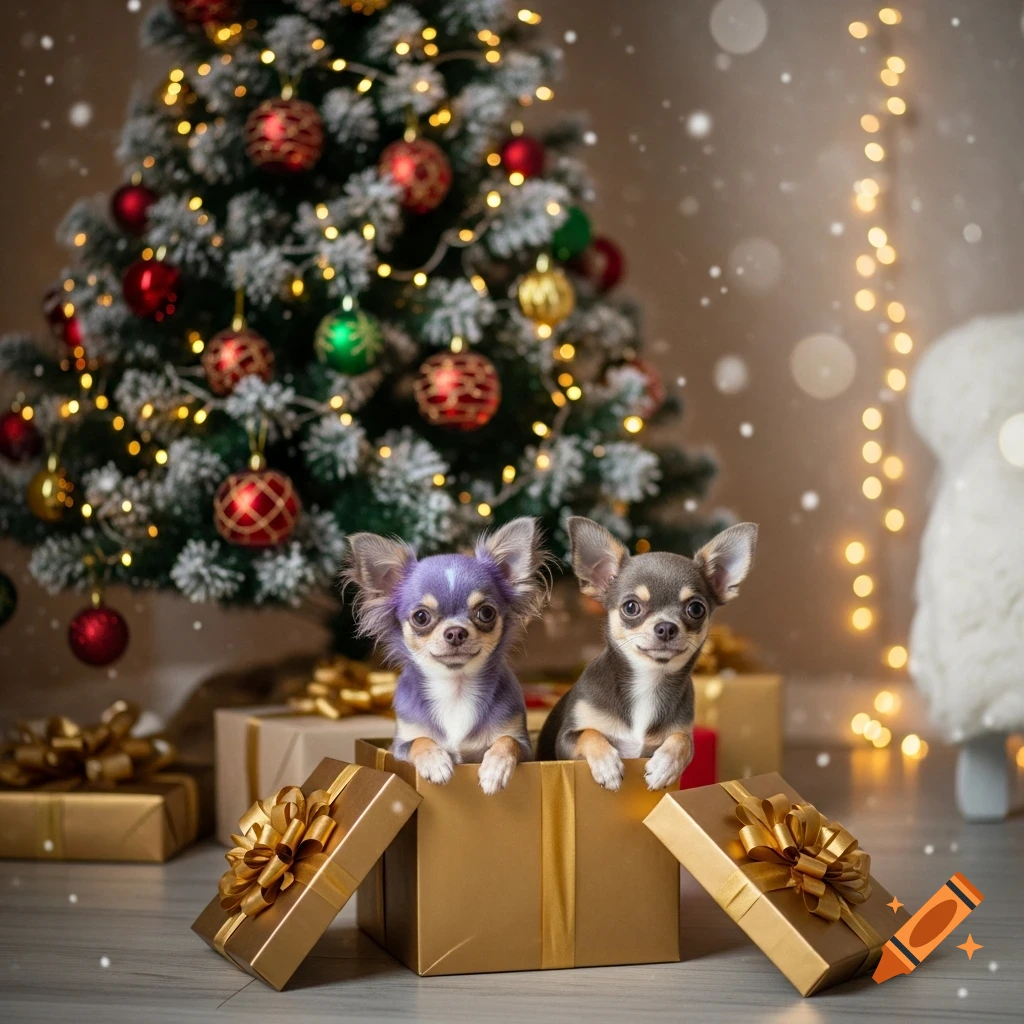 Two chihuahuas, one purple and one gray, peek from an open gift box in front of a decorated Christmas tree with lights and falling snow.