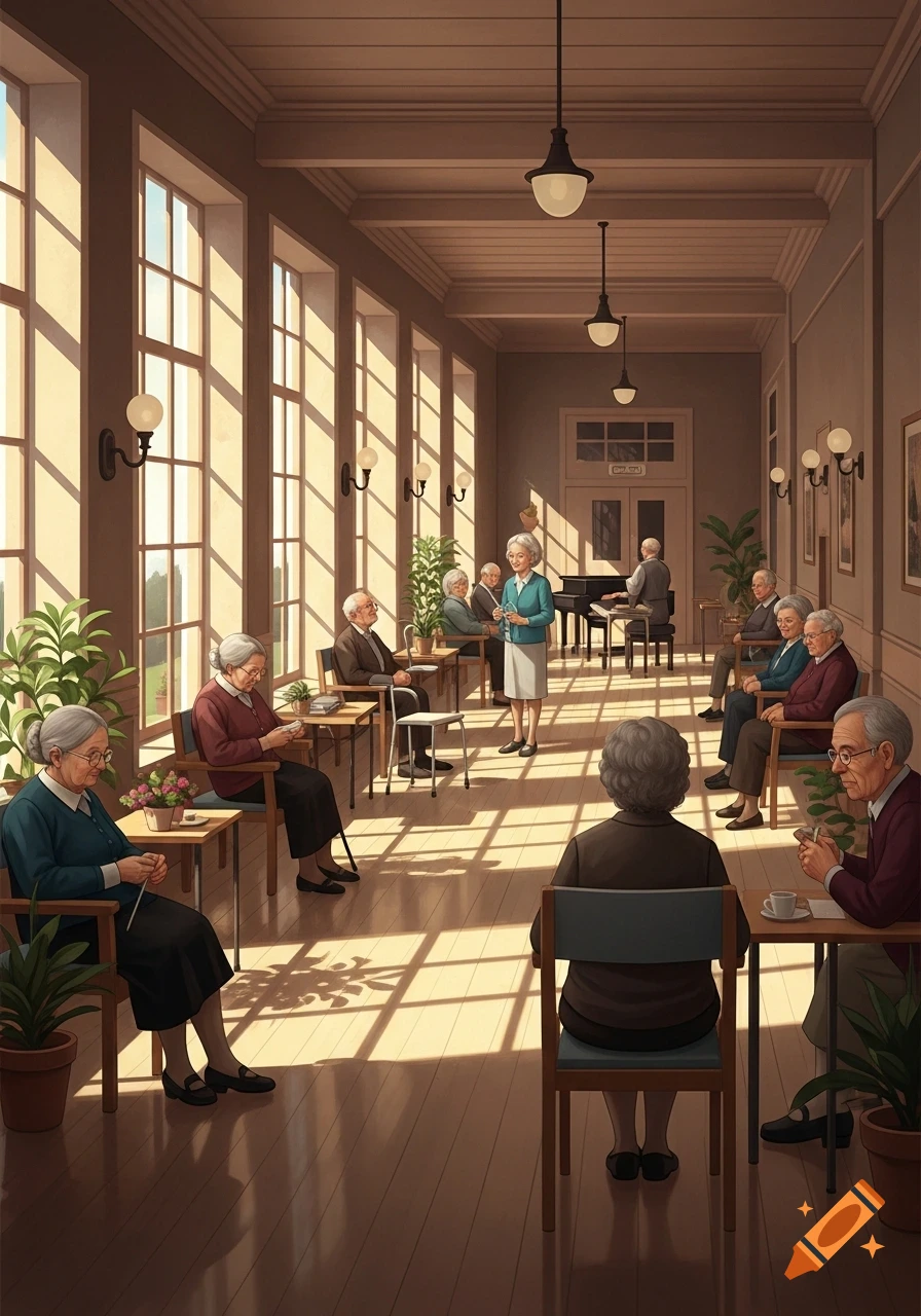 An illustration of elderly residents sitting and engaging in activities in a sunlit hallway of a nursing home.
