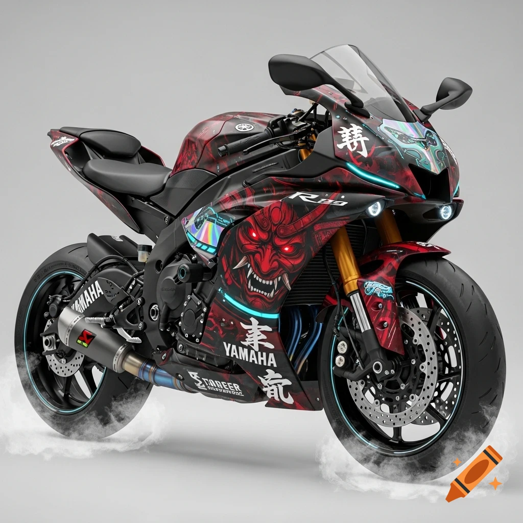 A custom matte black Yamaha R9 sport motorcycle with deep crimson red and neon cyan accents, a demonic samurai mask design, glowing red eyes, and Japanese kanji, with smoke around the wheels.