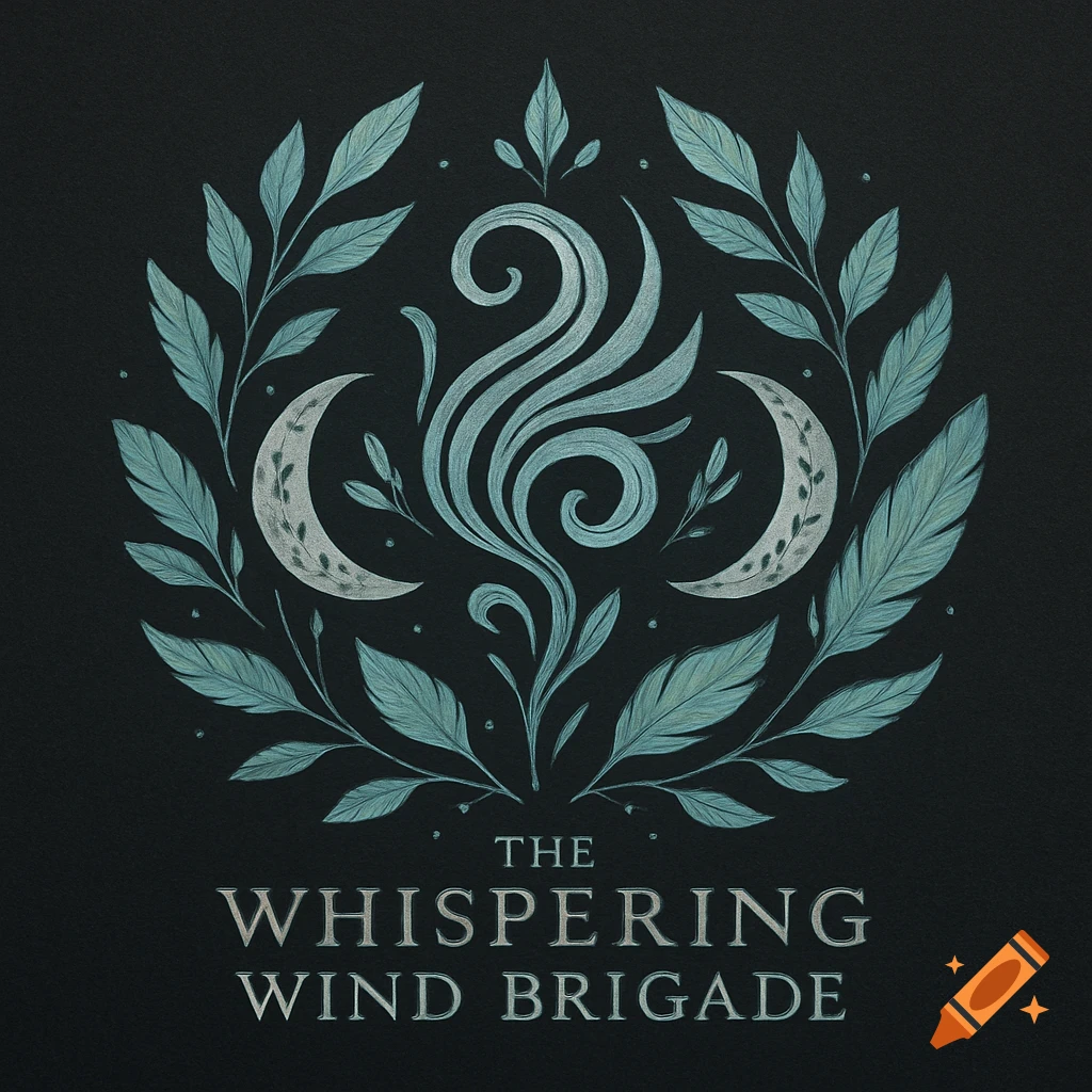 A stylized circular emblem with teal leaves, white swirling winds, and two crescent moons on a dark background, with text below.