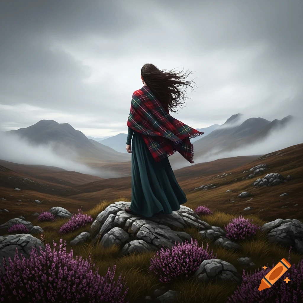 A woman in a green dress and red plaid shawl stands on rocks in a misty, heather-filled Scottish moor, looking out over mountains.