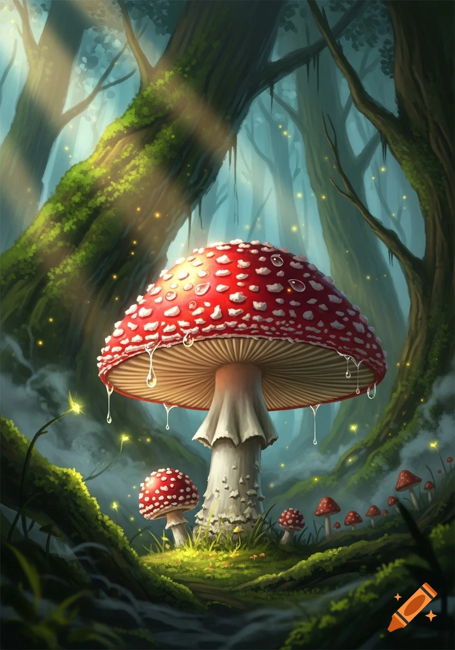 A large red and white mushroom with water droplets in a glowing, mossy fantasy forest, with smaller mushrooms in the background.