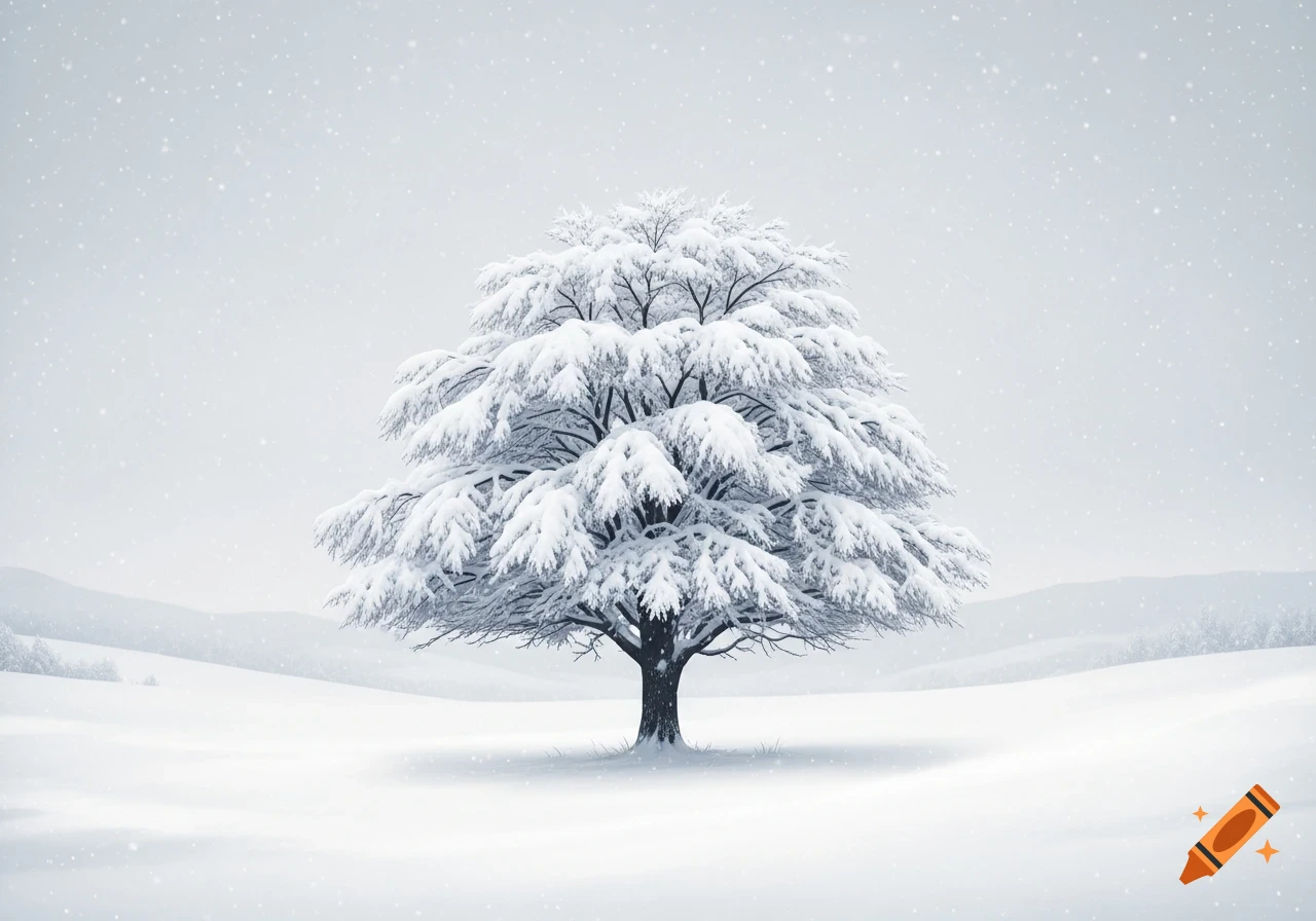 A solitary, snow-covered tree stands in a vast, white winter landscape with gentle snowflakes falling.