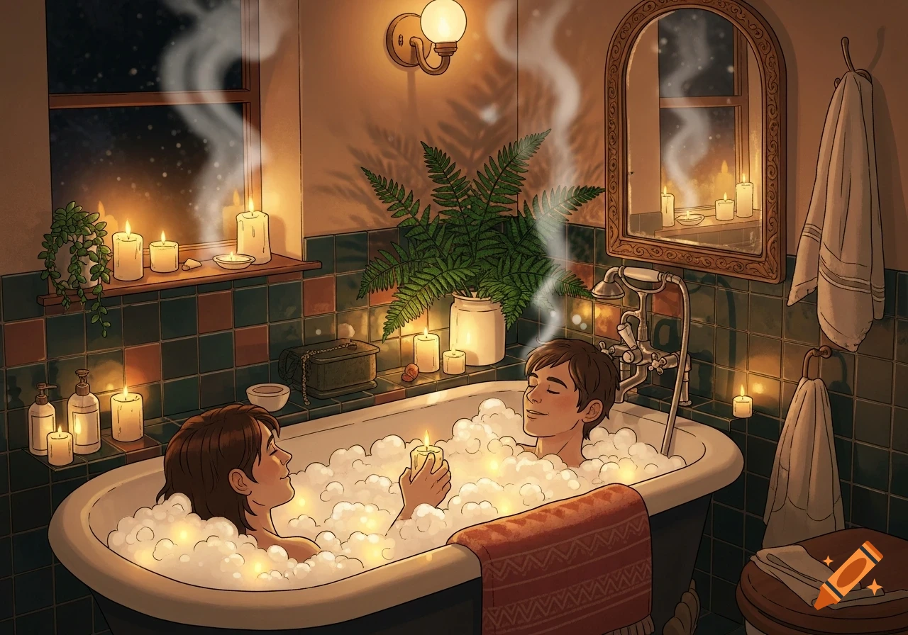 Two people relax in a candlelit bubble bath in a cozy illustrated bathroom at night.
