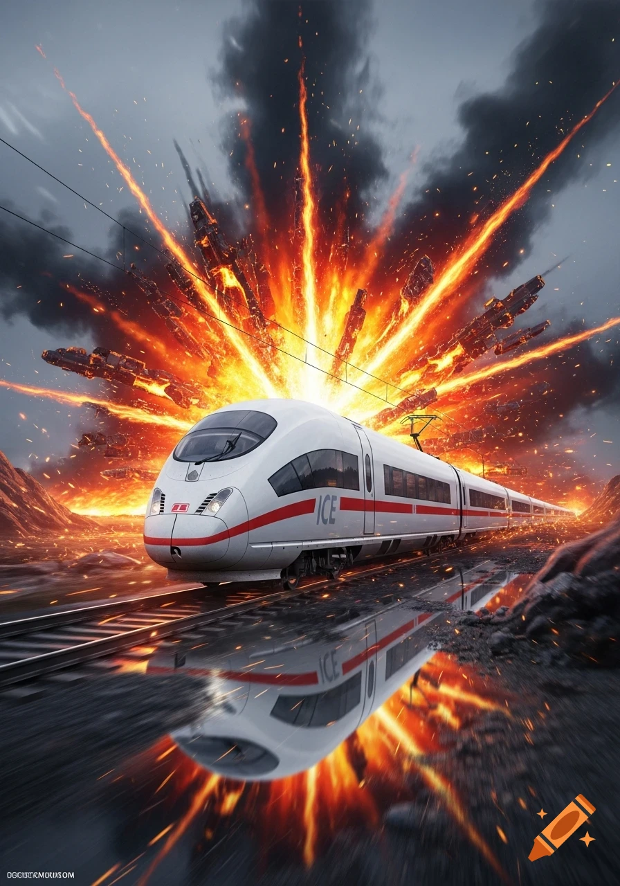 A white high-speed ICE train on tracks, speeding away from a massive fiery explosion with debris erupting behind it under a dramatic stormy sky.