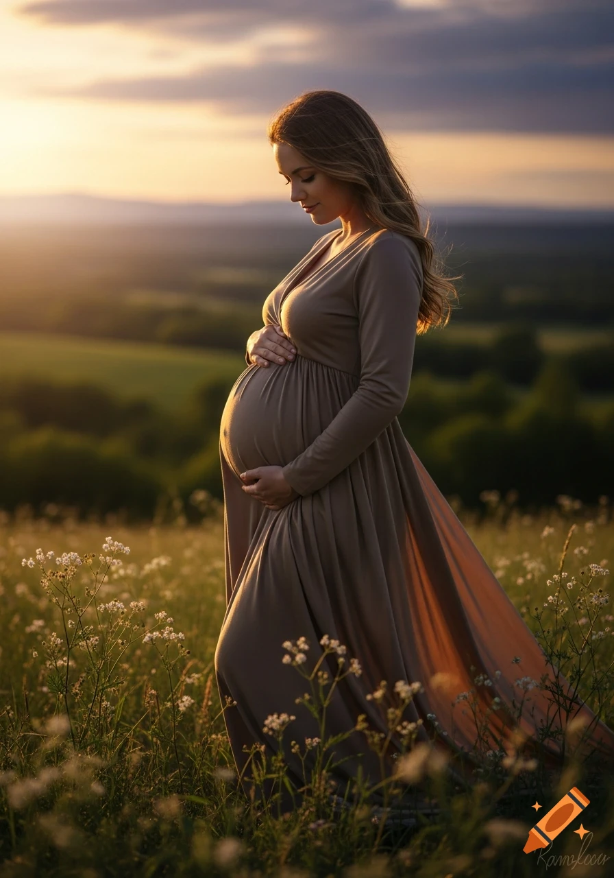 A pregnant woman in a long flowing dress gently cradles her belly in a sunlit field at sunset, with distant hills.