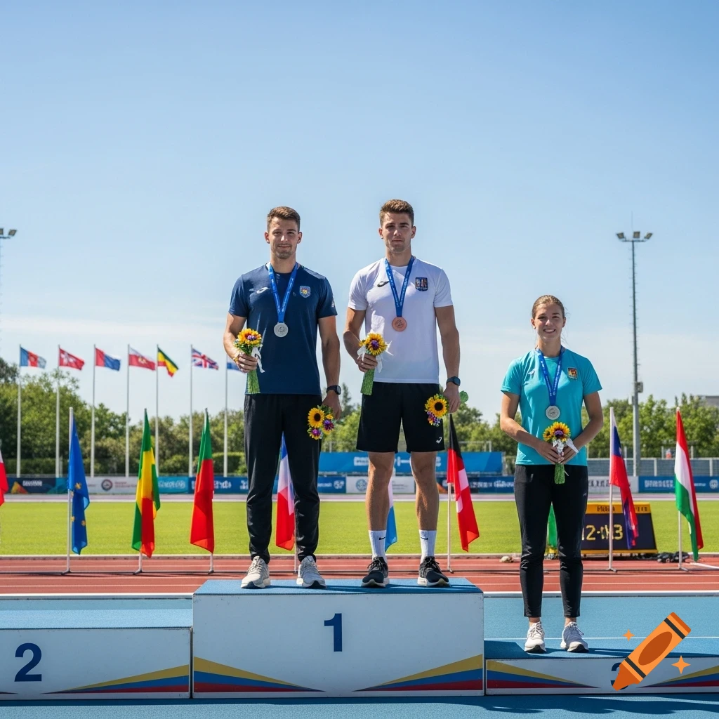 Three athletes stand on a blue podium with medals and flowers, under a clear sky at a sports stadium.