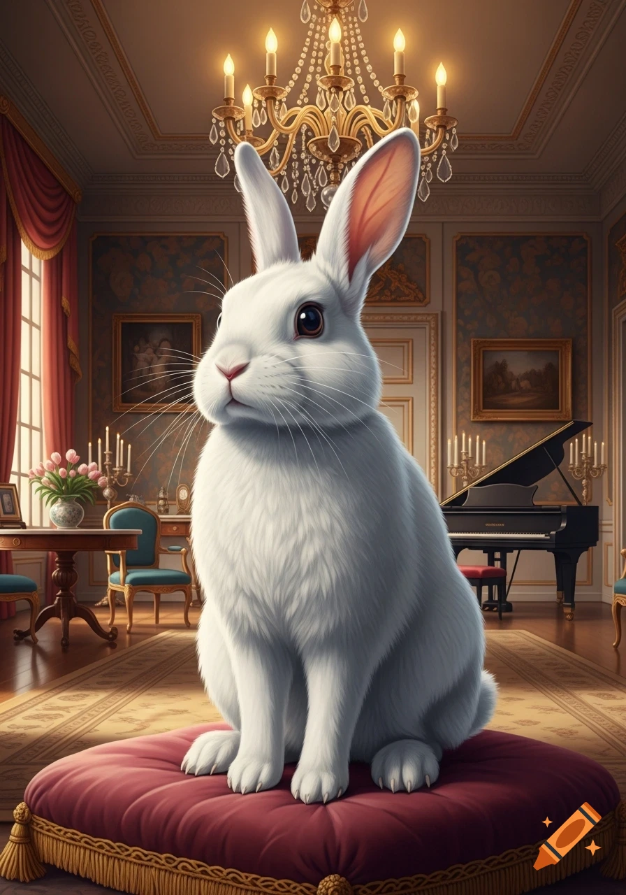 A fluffy white rabbit sits on a red velvet cushion in a lavish, ornate room with a chandelier and a grand piano.