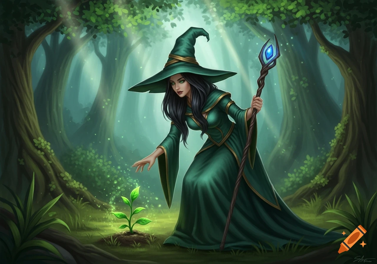 An illustrated fantasy image of a young witch in a green dress and hat, casting a spell on a small plant in an enchanted forest.