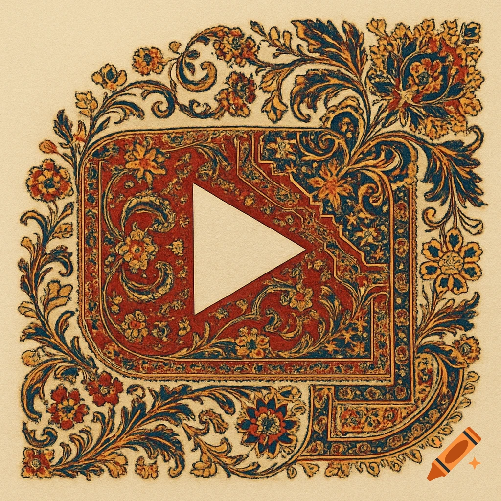 A white play button embedded in a richly decorated Persian carpet with red, gold, and blue floral patterns on a cream background.