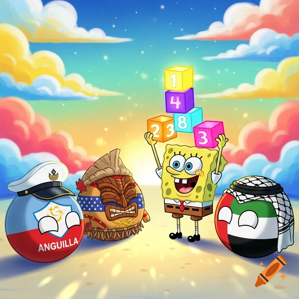Spongebob holds colorful number blocks between Anguilla, American Samoa, and UAE countryballs on a beach at sunset in cartoon style.