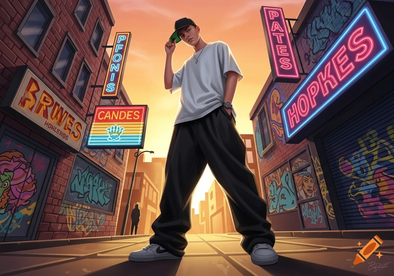 A young man in streetwear, wearing a white t-shirt and baggy pants, stands on a graffiti-covered urban street at sunset with neon signs.