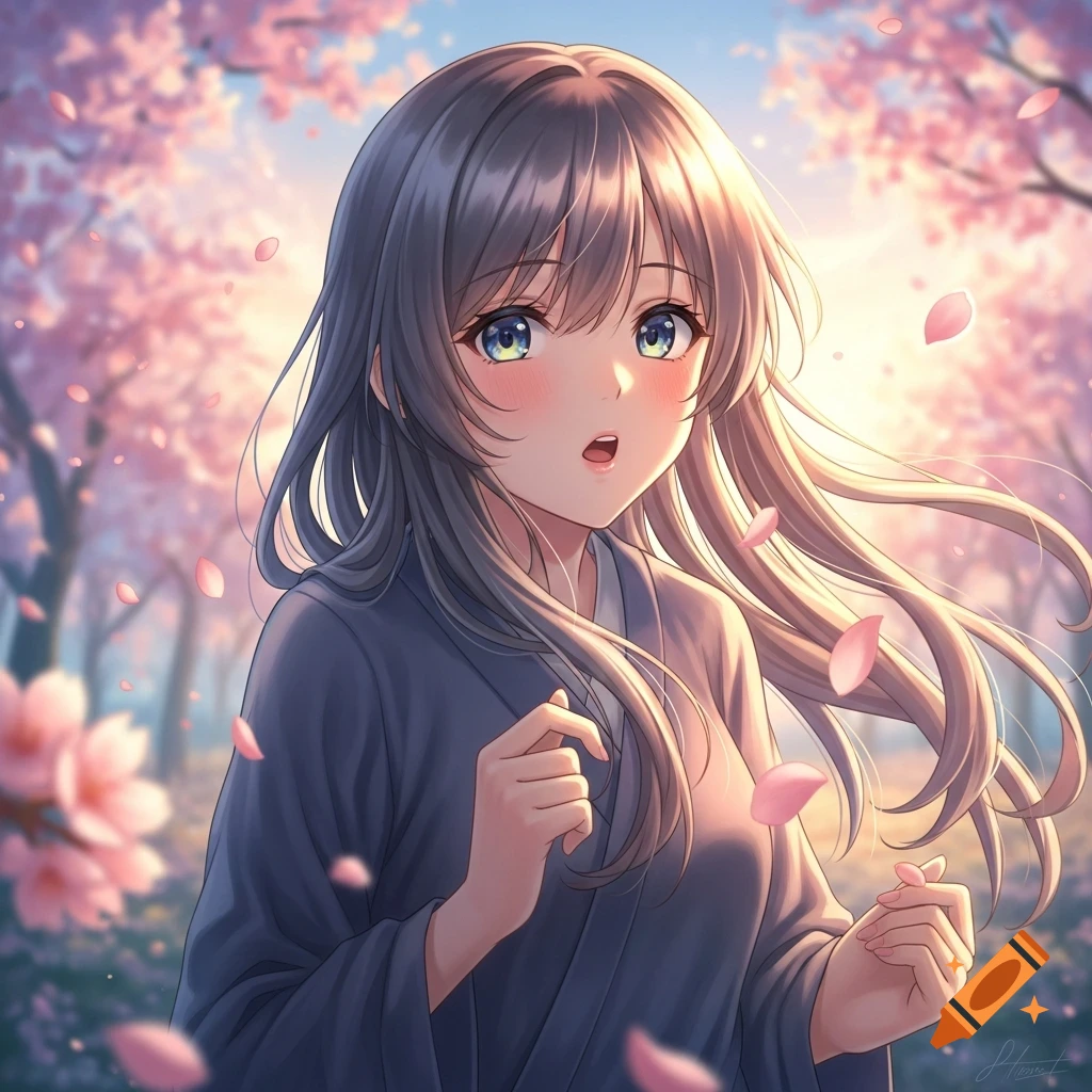 Anime girl with long brown hair, blue eyes, and flushed cheeks, mouth slightly open, stands among falling pink cherry blossom petals.