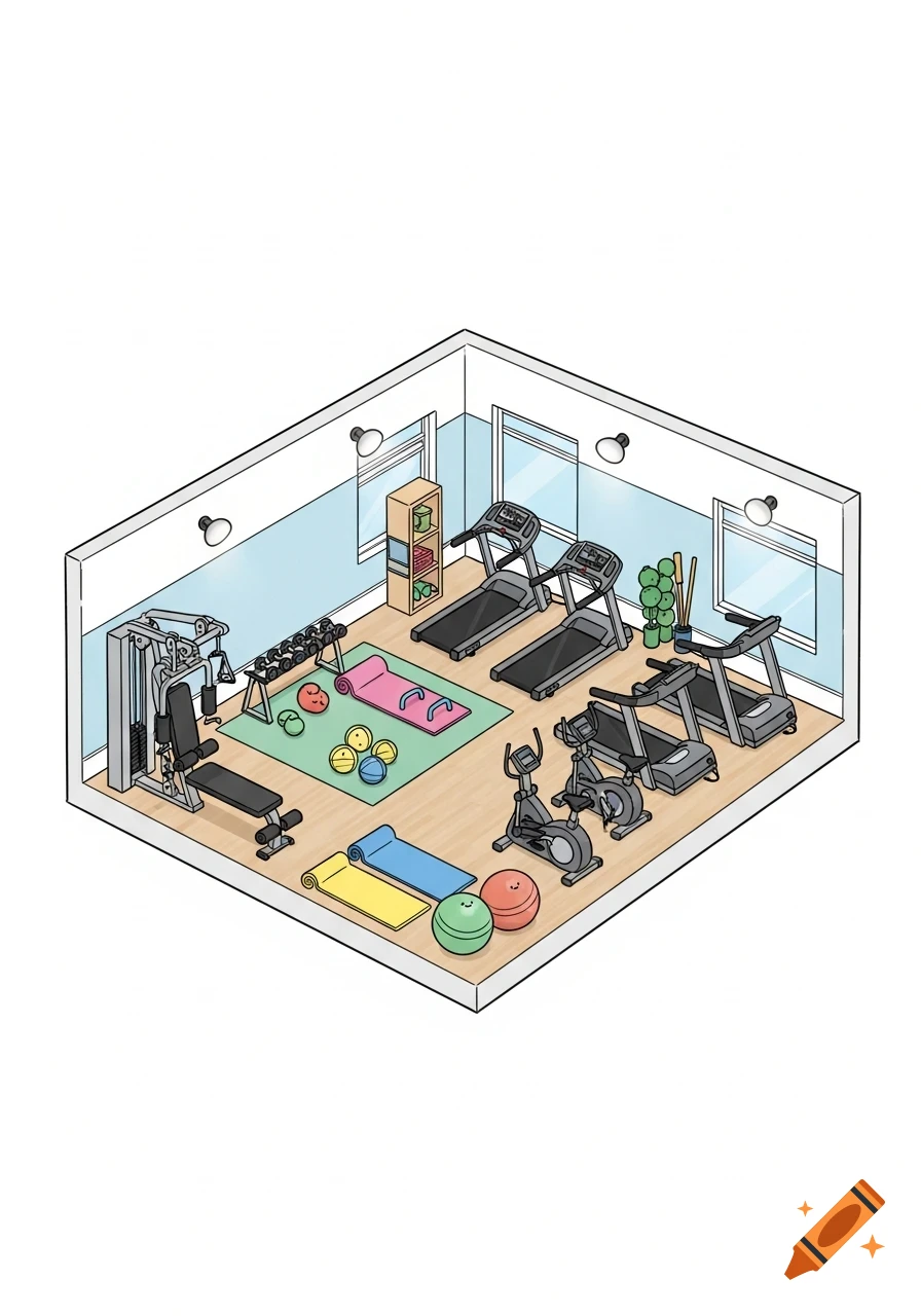 A 2D isometric drawing of a gym room with treadmills, a weight machine, dumbbells, exercise bikes, yoga mats, and colorful exercise balls.