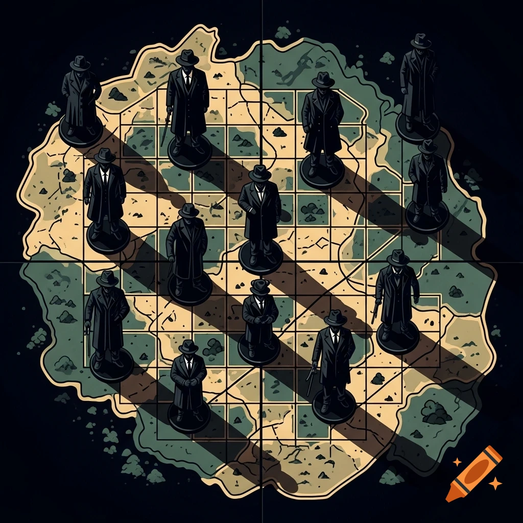 Overhead graphic illustration of a strategy game board. Stylized map with dark terrain, featuring black mafia-like figures as game pieces.