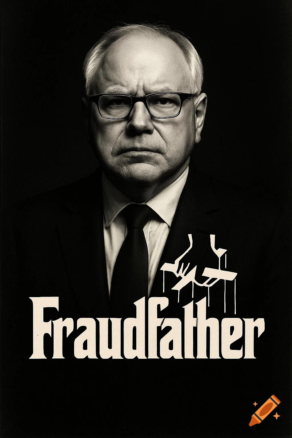Monochrome portrait of a stern man in a suit, with the word 'Fraudfather' and a puppet master symbol below, parodying a movie poster.