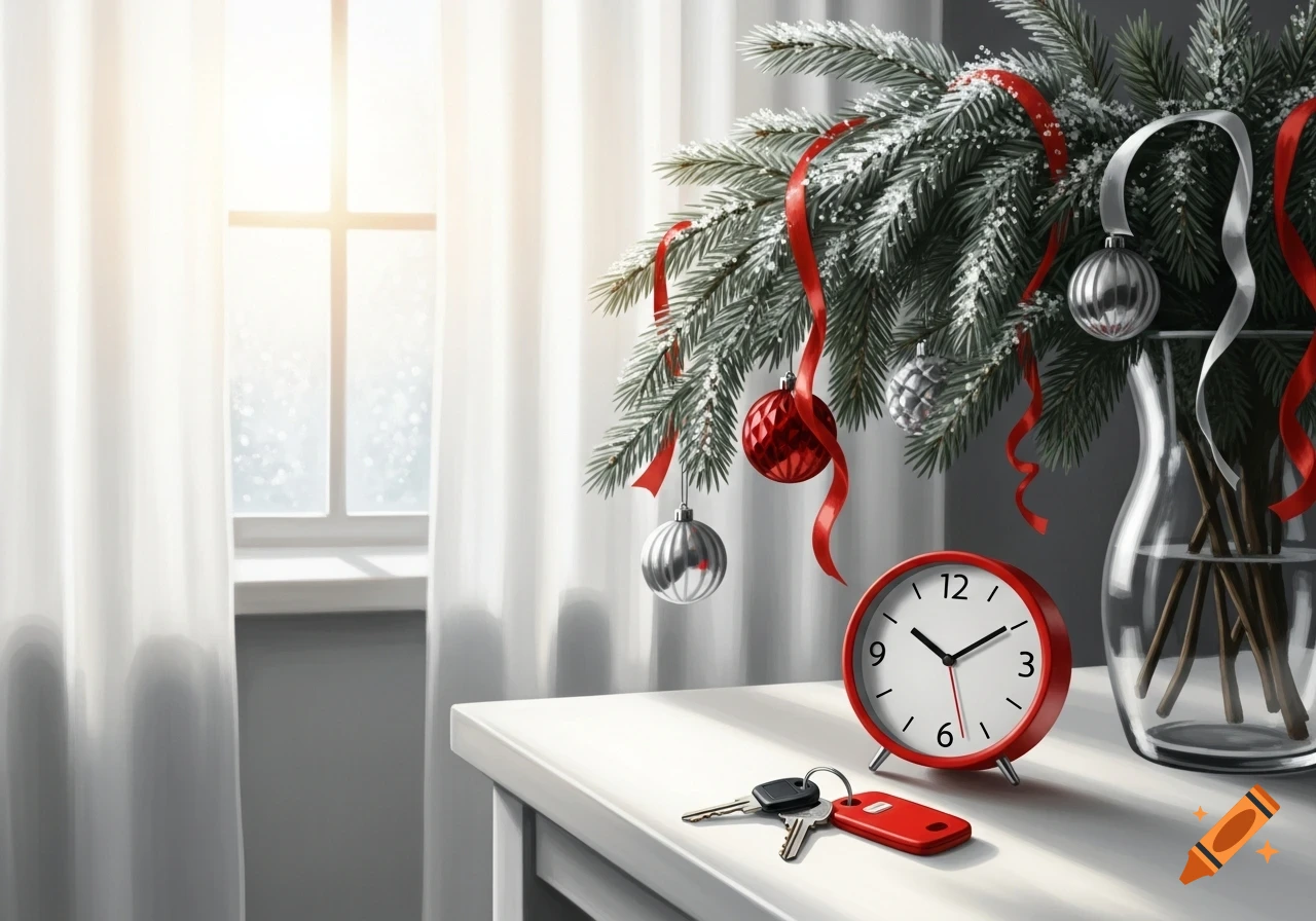 A red alarm clock and keys on a white table, next to a vase of frosted pine branches with red and silver ornaments, with a bright window in the background.