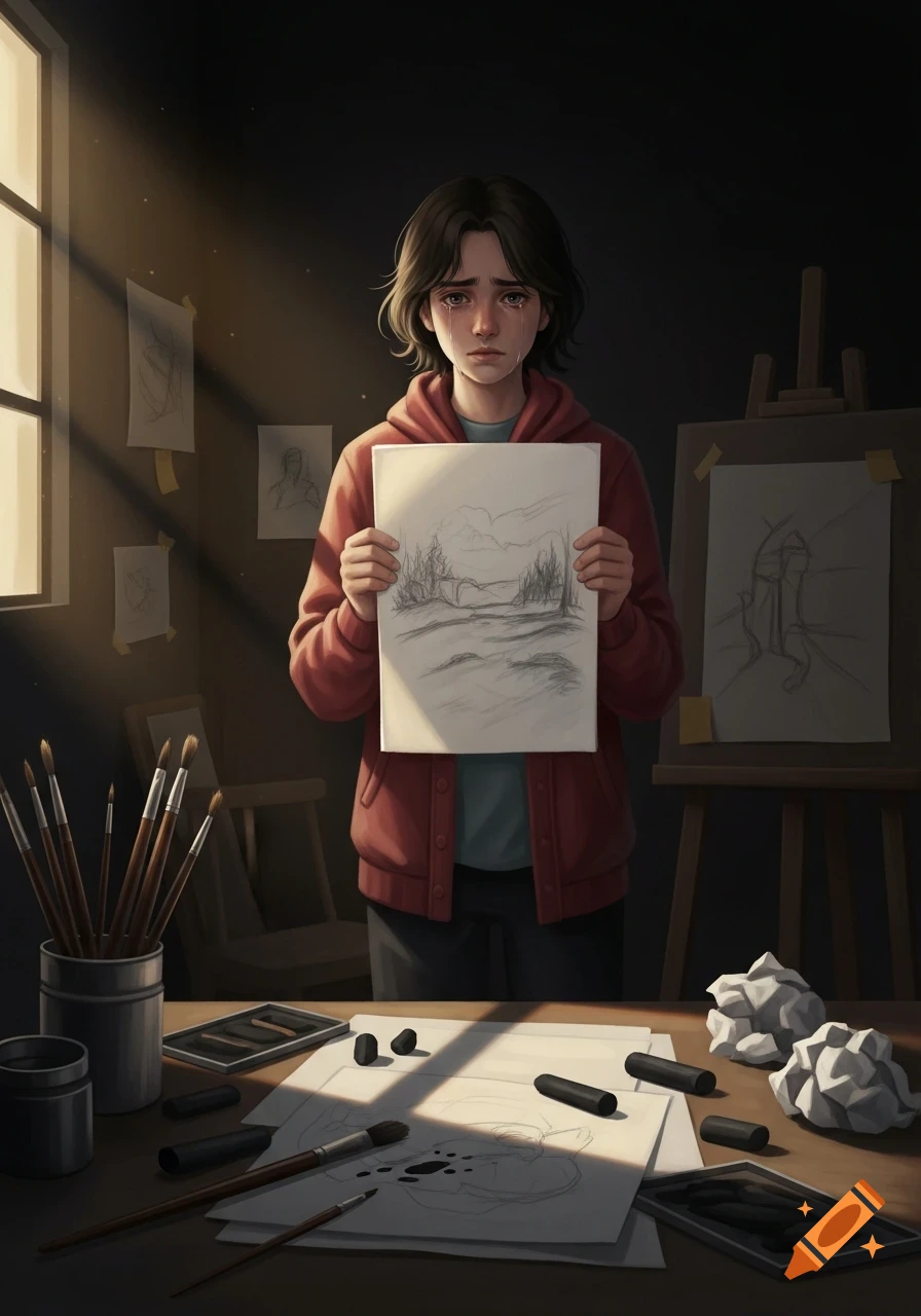 A crying artist with short dark hair holds up a simple landscape sketch in a dimly lit art studio, depicted in a digital illustration.