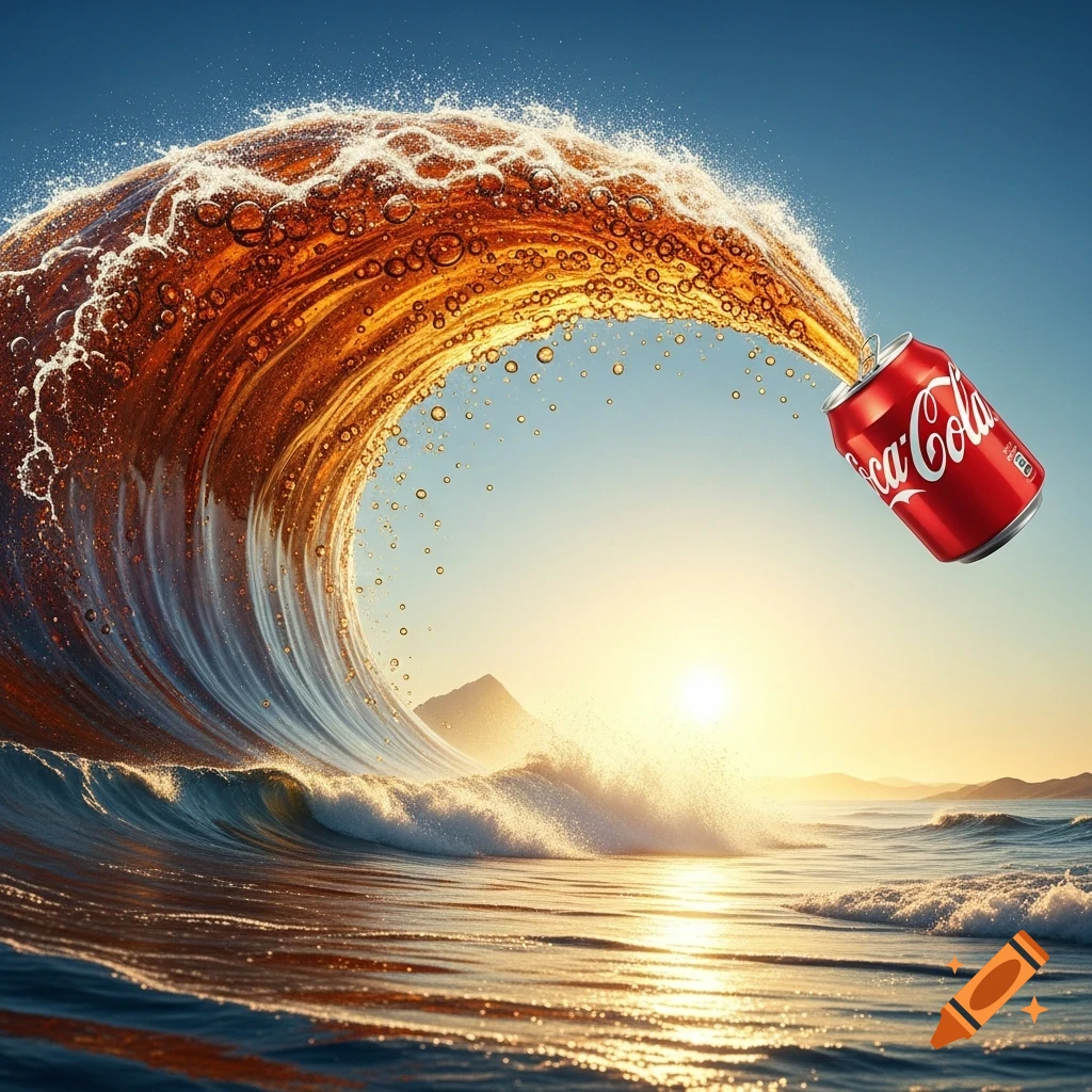 A giant wave made of effervescent Coca-Cola liquid, with a red Coca-Cola can tipping into it, against a sunset ocean.