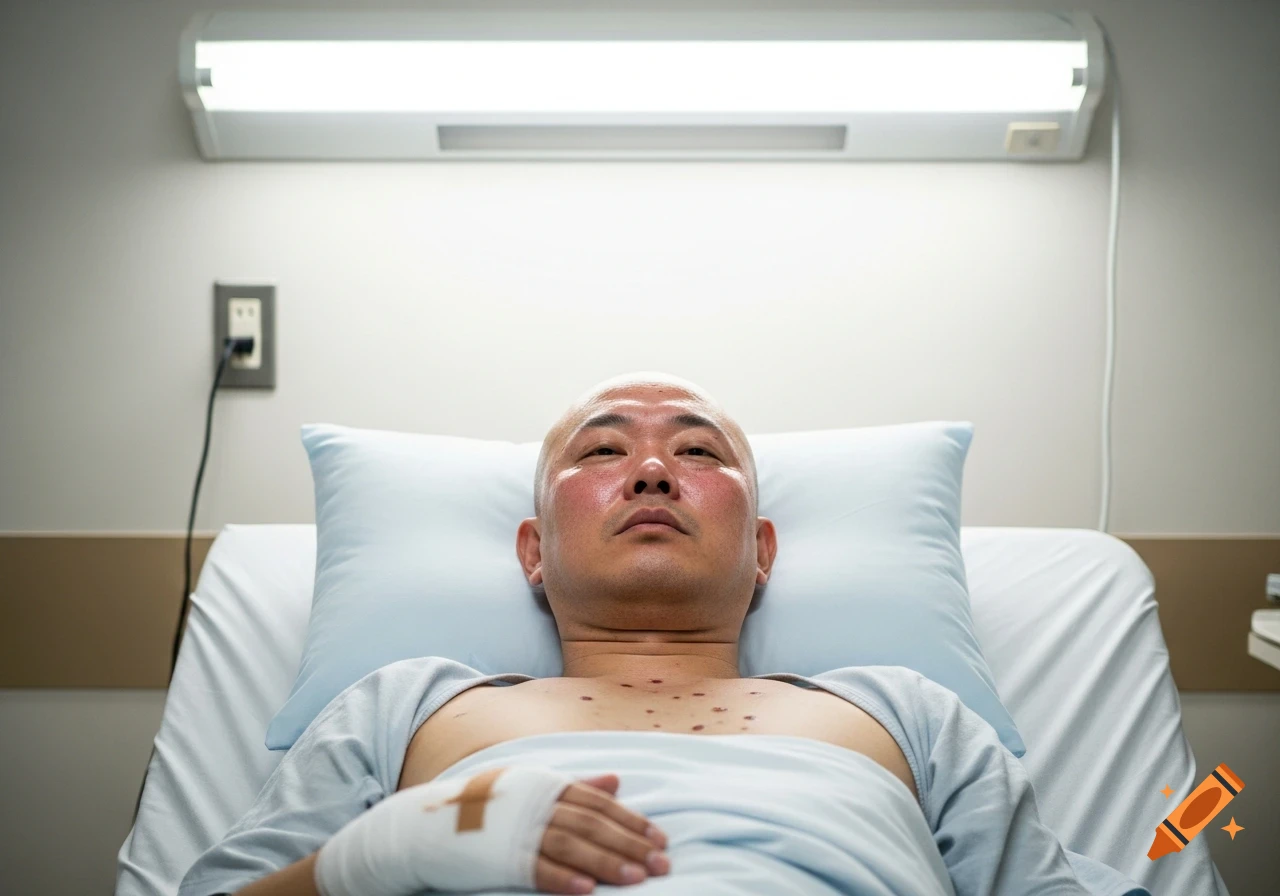 A bald man with a red, shiny face and a bandaged hand lies in a hospital bed, looking tired.