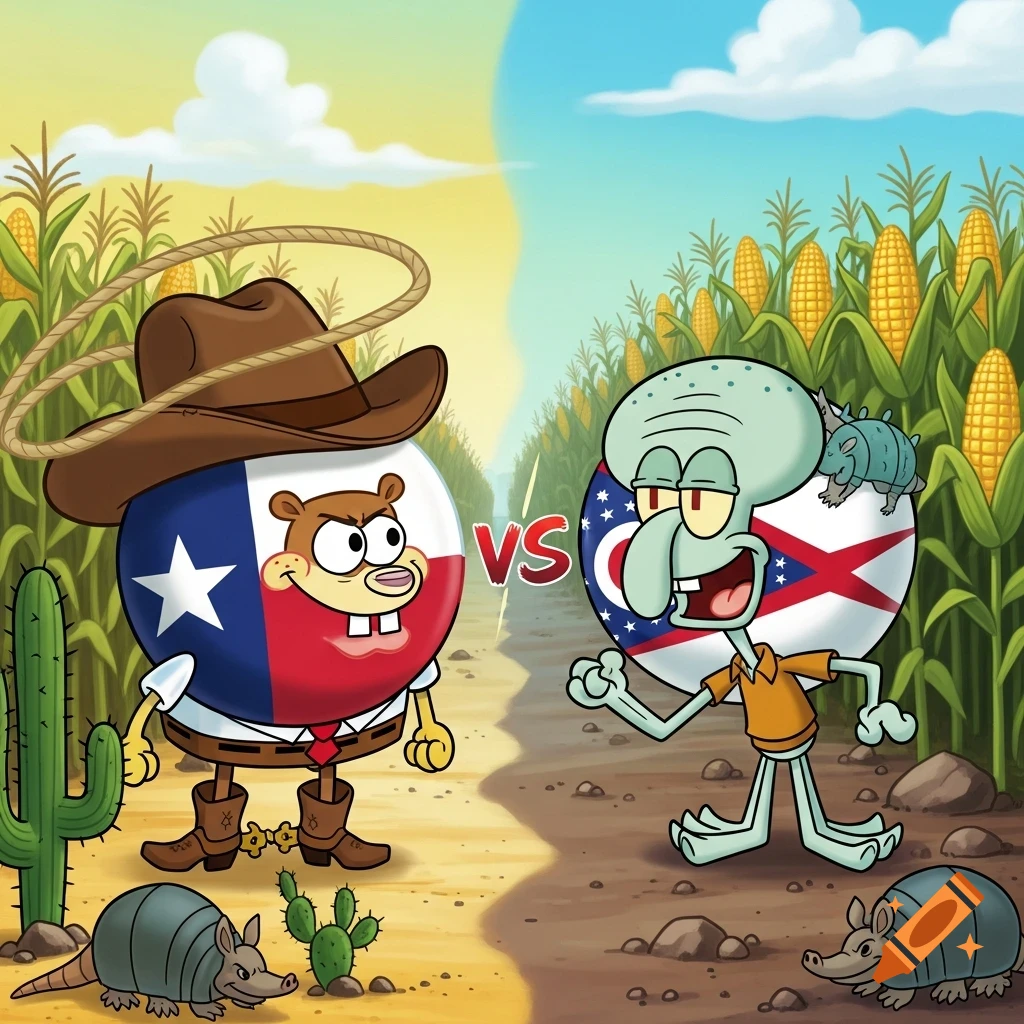Cartoon image of Sandy Cheeks as the Texas flag vs. Squidward Tentacles as the Ohio flag in a cornfield.