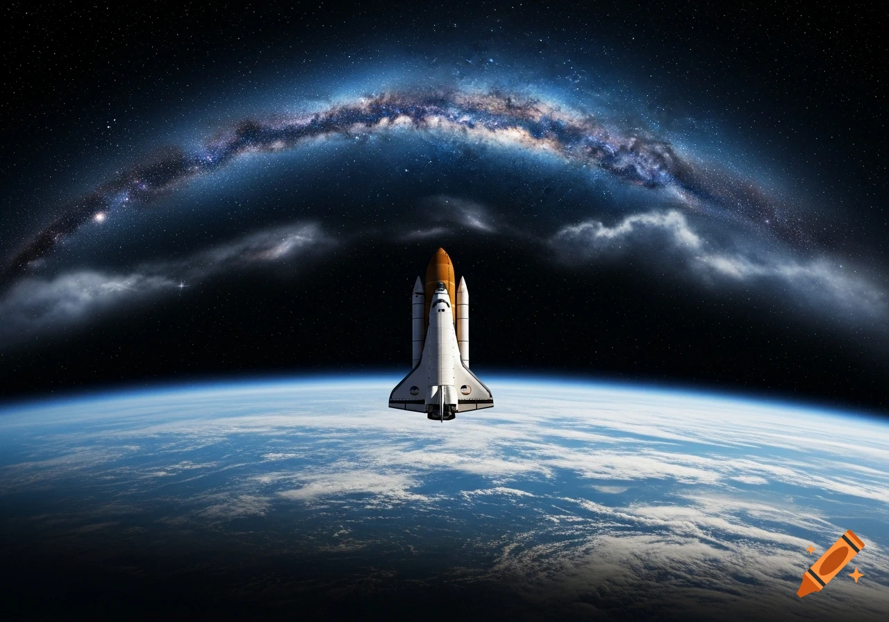 A space shuttle hovers above Earth, with the Milky Way galaxy arcing across the dark, star-filled cosmos.