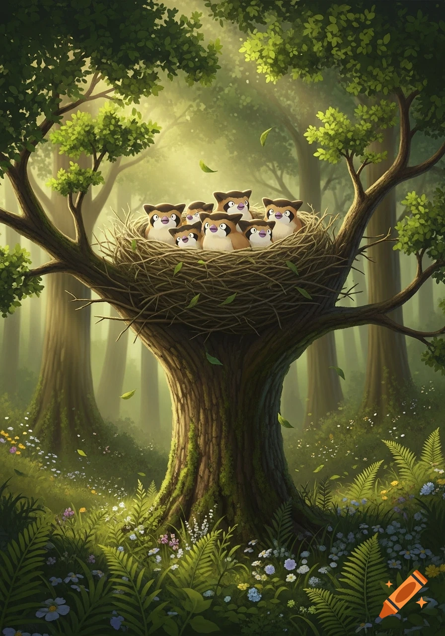 A stylized illustration of a nest full of cute, brown and white bird-like creatures in a sunlit forest tree.