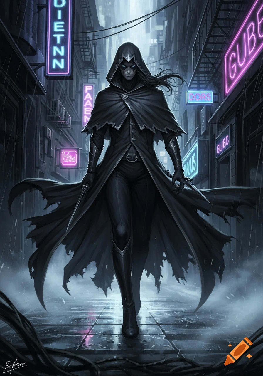 A dark fantasy art illustration of a cloaked figure with glowing eyes ...