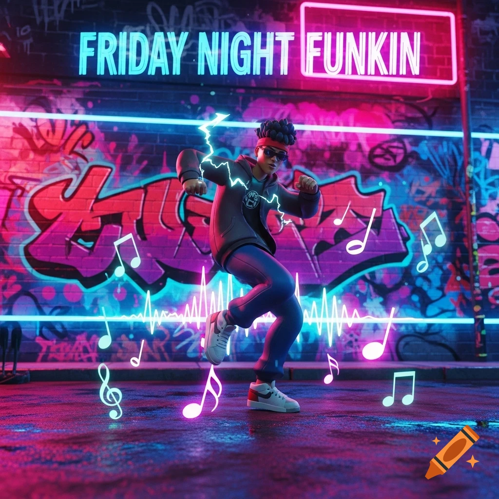 A stylized character dancing in front of a neon-lit graffiti wall, with musical notes floating around and "FRIDAY NIGHT FUNKIN" in neon above.