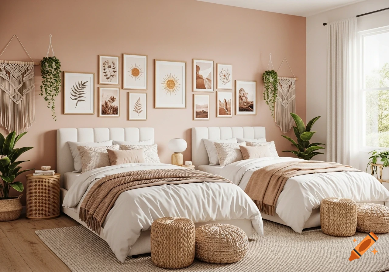 Bohemian bedroom with two white beds, rosa-tan walls, plants, woven decor, and framed art, warm natural lighting.