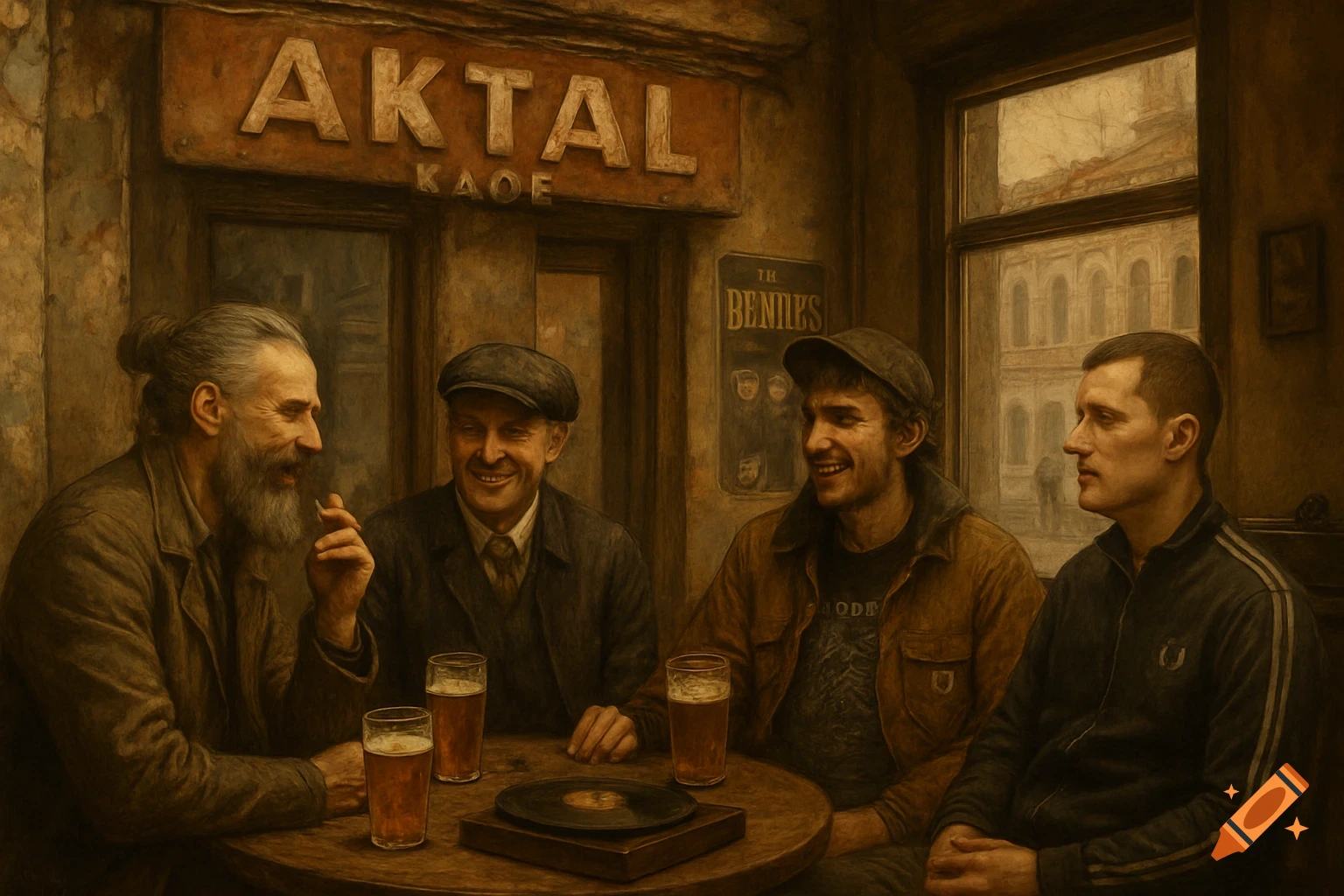 Four men sit around a table in a vintage-style cafe, drinking beer and chatting. One man on the left smokes a cigarette, while a sign above the door reads "AKTАL".