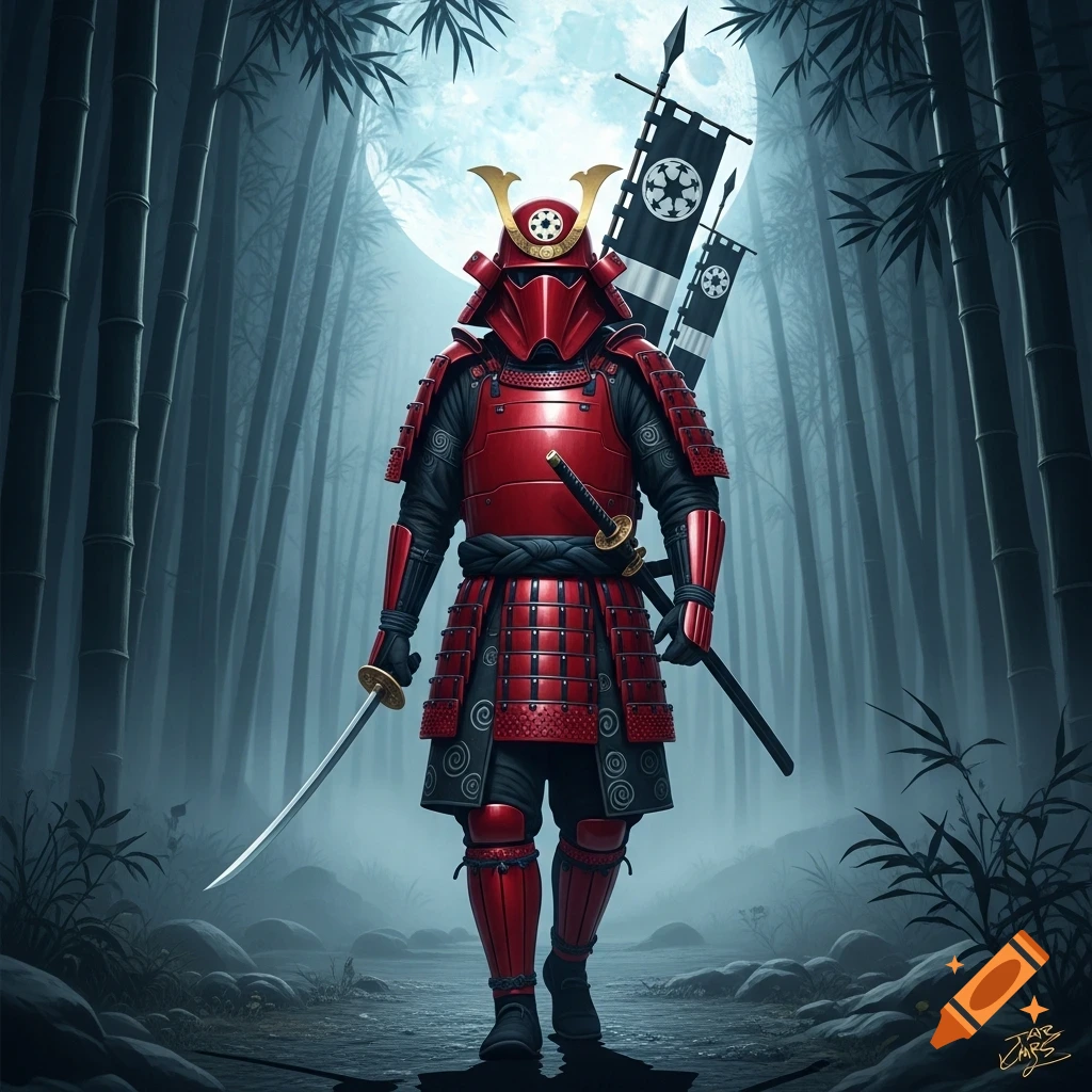 A red and black samurai-style Imperial Guard walks through a misty bamboo forest under a full moon, holding a katana with Star Wars Imperial banners on its back.