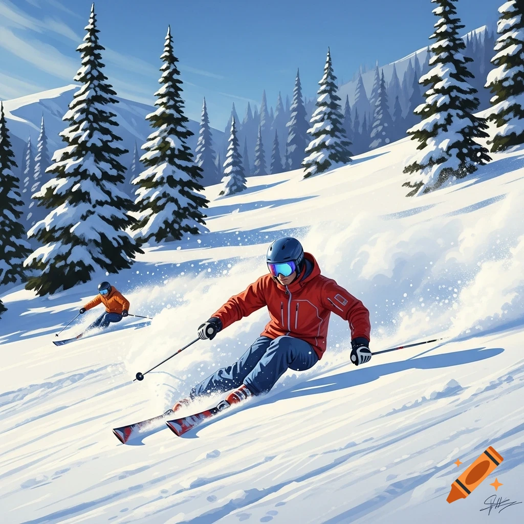 Two skiers, one in a red jacket and blue helmet, descend a snowy mountain slope amidst pine trees under a clear blue sky.