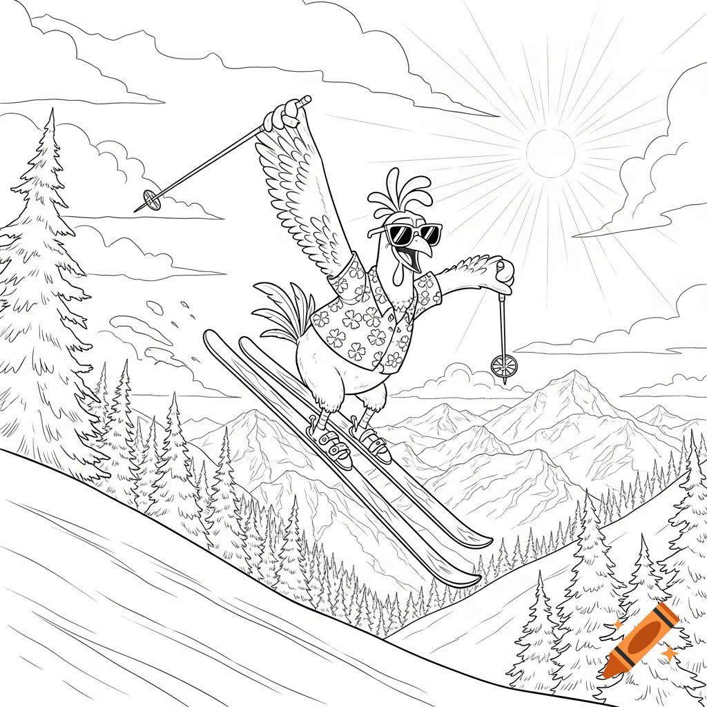 Cartoon chicken wearing sunglasses and a Hawaiian shirt doing a trick on skis down a snowy mountain in a black and white sketch.