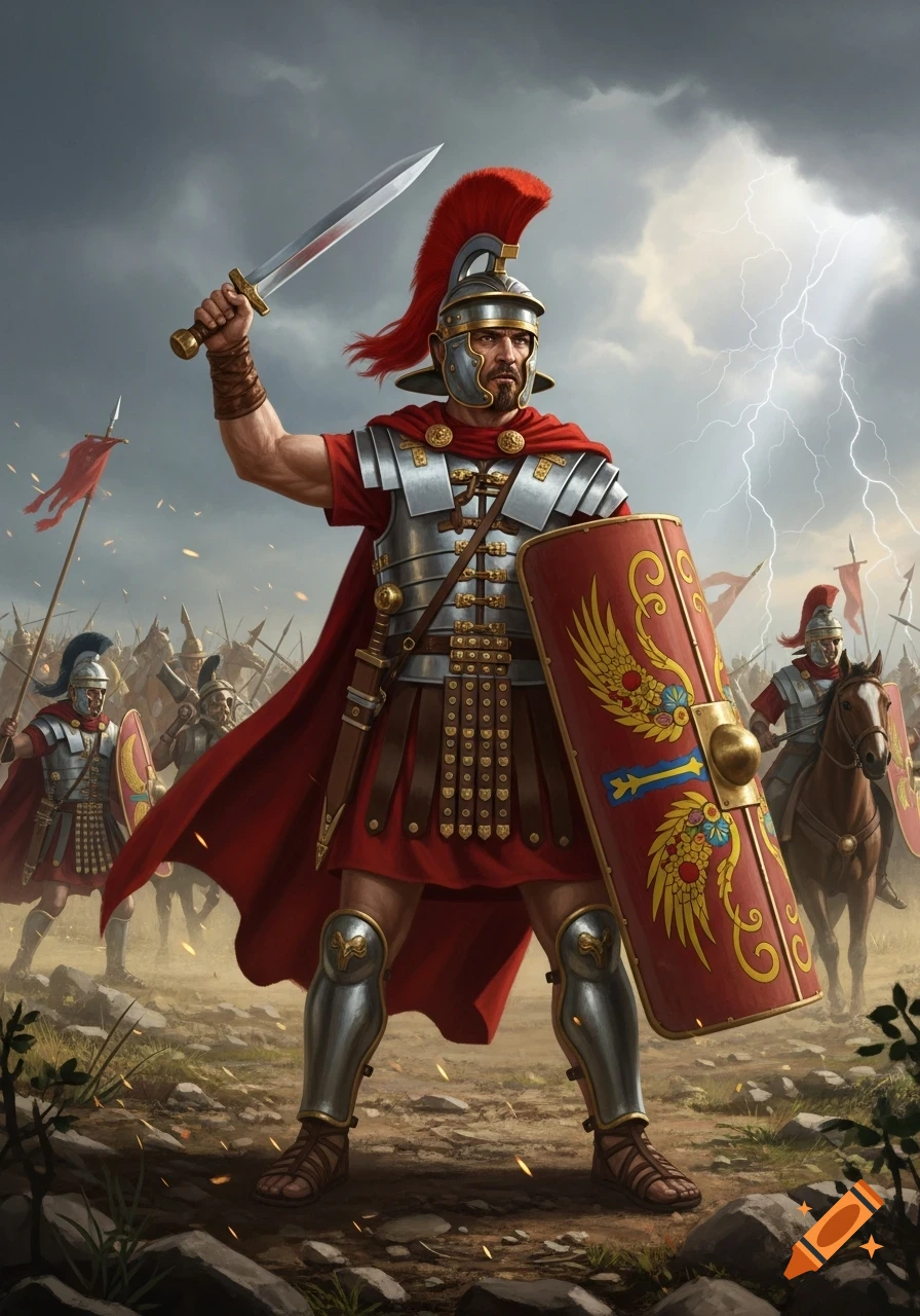 A detailed illustration of a Roman centurion in armor and red cape, raising a sword and holding a shield on a stormy battlefield.