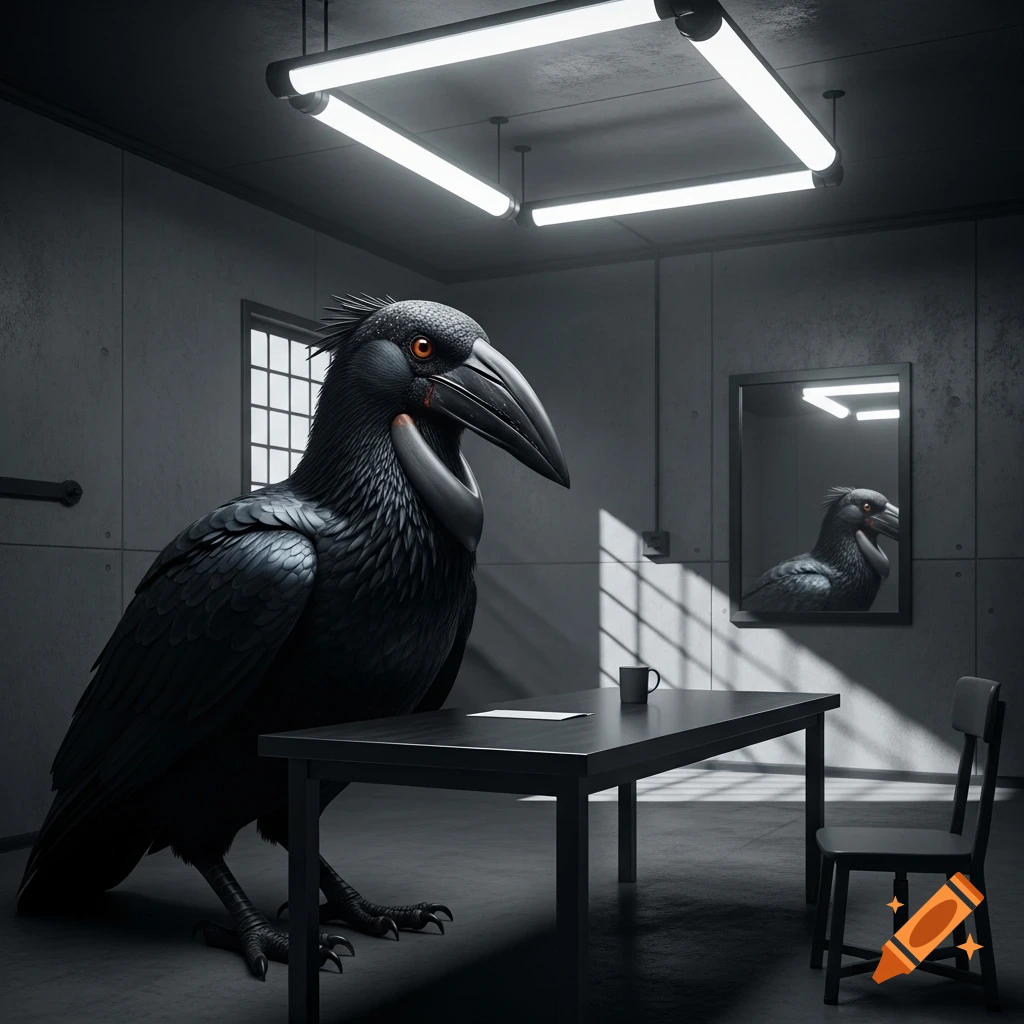 A large black axebeak bird sits at a table in a dark interrogation room, reflected in a mirror. Photorealistic.