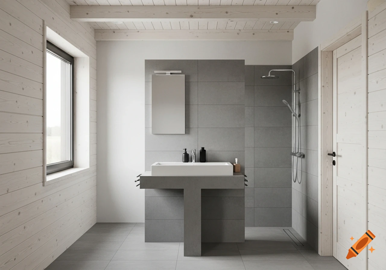 Modern bathroom with white wood paneling, grey tiled walls, T-shaped vanity with sink, and shower area.