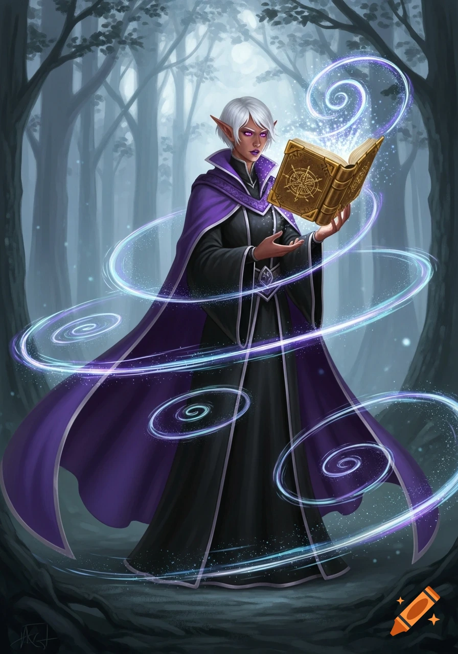 A willowy elf wizard with short white hair, purple eyes, and a purple cloak stands in a misty forest, holding a golden spell book emitting ethereal blue magic.